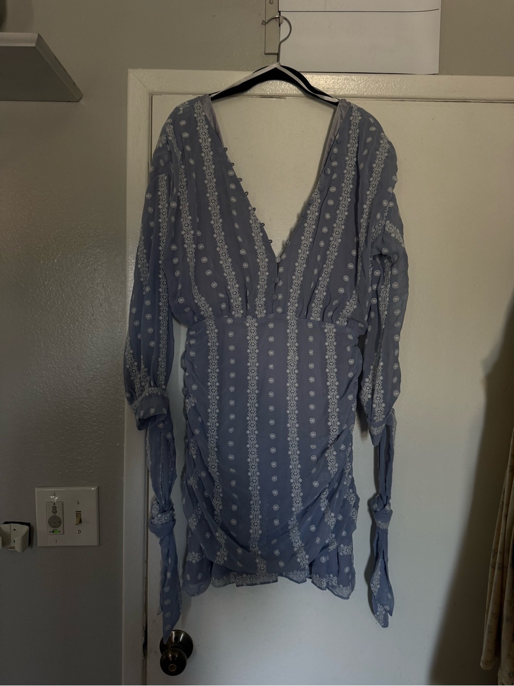 Blue Floral Embroidered V-Neck Mini Dress